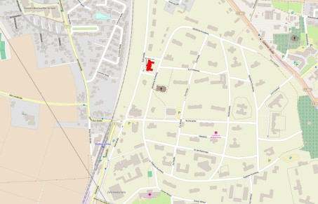 Kartenansicht des Klinikgeländes auf der die Hauptverwaltung der LVR-Klinik Bedburg-Hau rot gekennzeichnet ist