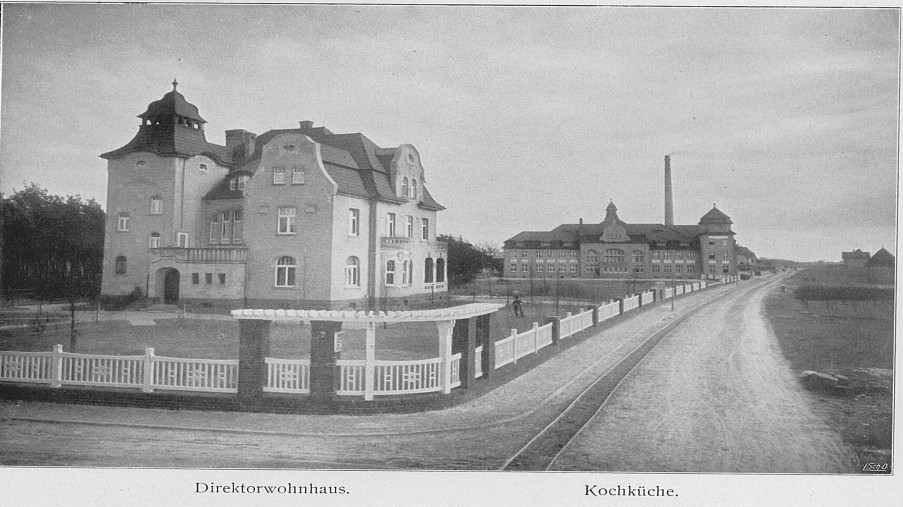 Schwarz-Weiß-Foto: Straße mit zwei Häusern auf der linken Seite und Bäumen und großen Schornstein im Hintergrund