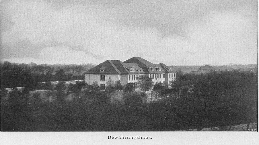 Schwarz-Weiß-Foto: Haus mit einer Mauer und vielen Bäumen rundherum